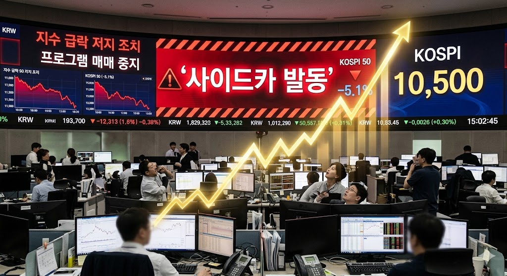 '사이드카 발동'이라는 붉은색 경고등이 켜진 딜링룸 전광판 뒤로, 서서히 10,500포인트를 향해 치솟는 황금빛 코스피 지수 그래프가 겹쳐진 반전 이미지
