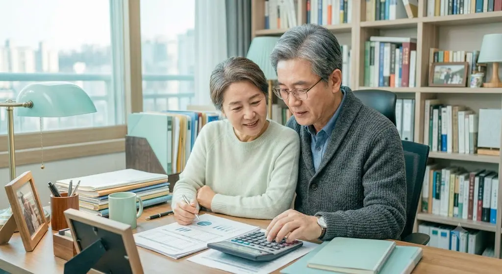중년 부부가 서류와 계산기를 보며 상담하는 모습
