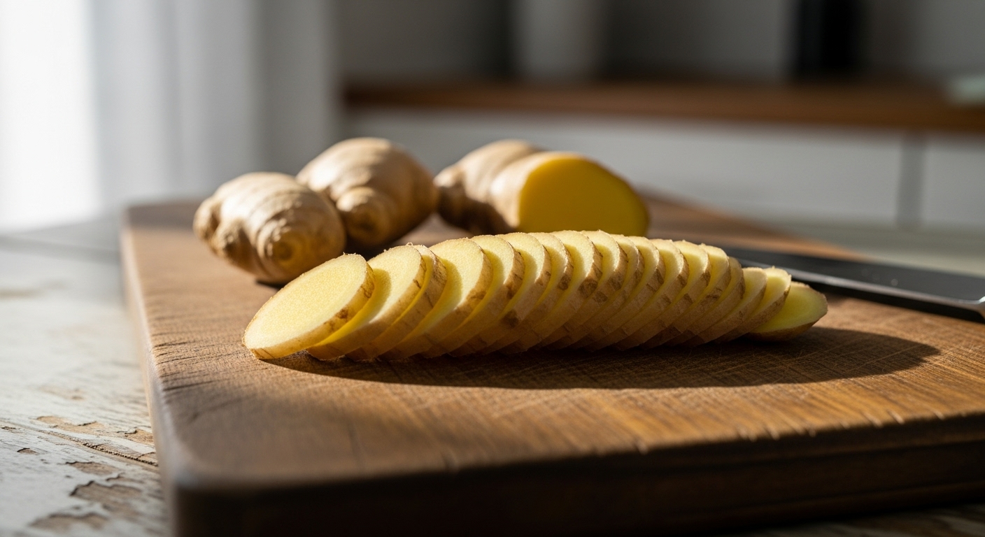 균일한 두께로 가지런히 썰린 신선한 생강 편들.