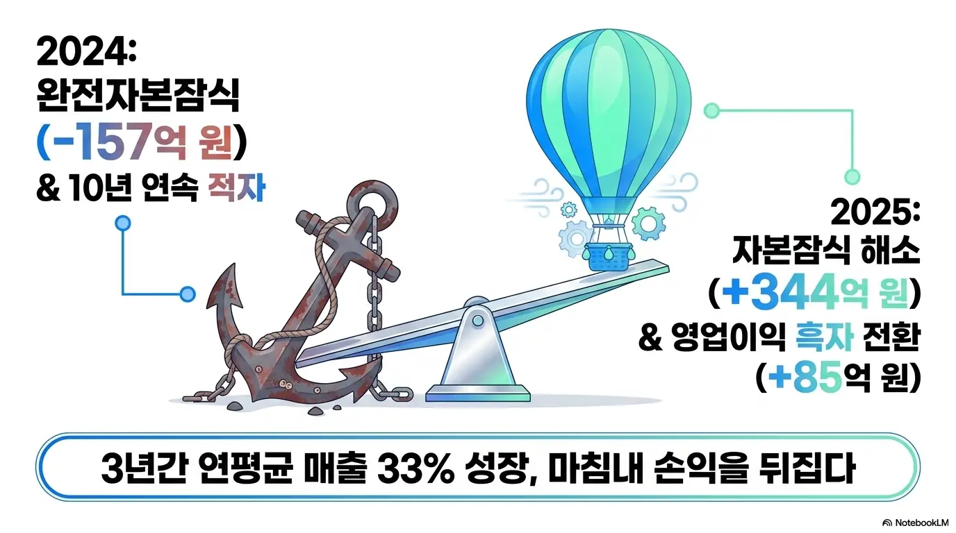 매드업 공모주: 매드업의 흑자전환과 자본잠식 해소를 시소 그래픽으로 표현한 인포그래픽. 2024년 완전자본잠식(-157억 원)과 10년 연속 적자에서 2025년 자본잠식 해소(+344억 원)&amp;#44; 영업이익 흑자전환(+85억 원)으로 반전한 과정과 3년간 연평균 매출 33% 성장을 시각적으로 설명함 