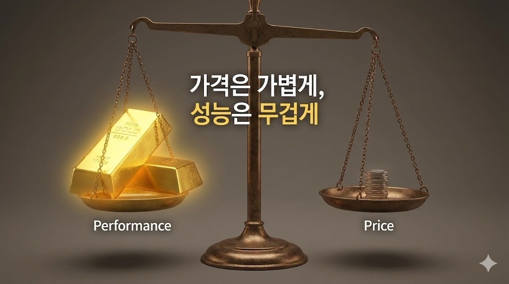 무거운 성능(금괴)과 가벼운 가격(동전)을 대비시키는 저울 그래픽을 통해 압도적인 가성비를 시각적으로 표현했습니다.