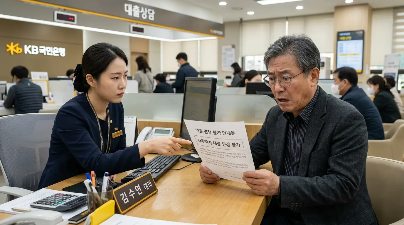 한국의 은행 창구에서 다주택자 대출 연장 불가 통지서를 손에 쥐고 충격받은 50대 남성과 굳은 표정의 은행원