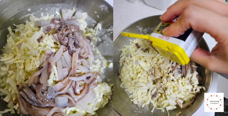 반죽에 양배추,오징어,새우살 넣고 후추 뿌려서 섞기