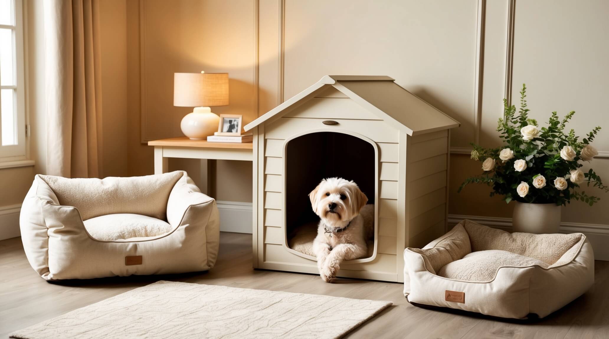 comfortable dog house with soft bedding, a cozy kennel, and plush dog bed arranged in a home setting
