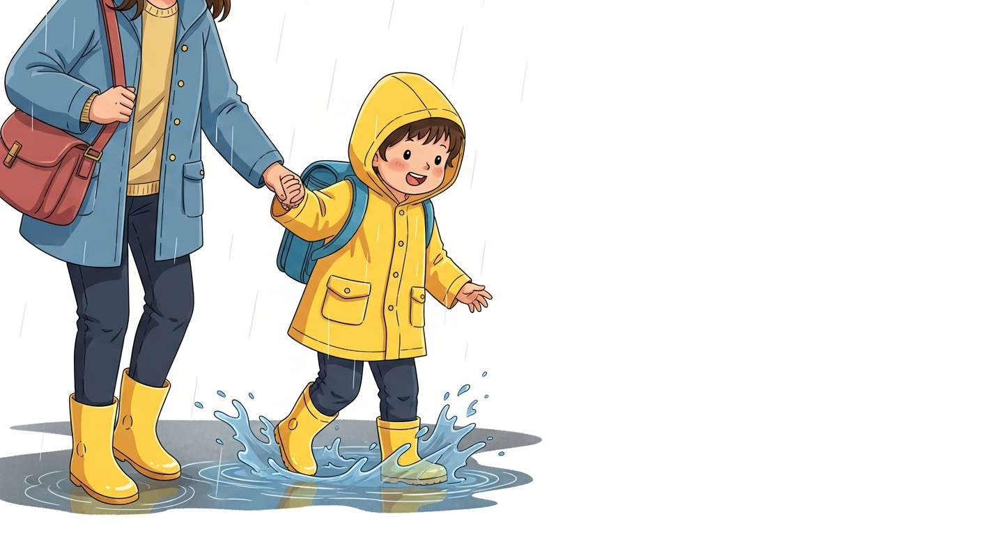 10시 출근제로 여유롭게 유치원 가는 길, 웅덩이에서 노는 아이와 부모