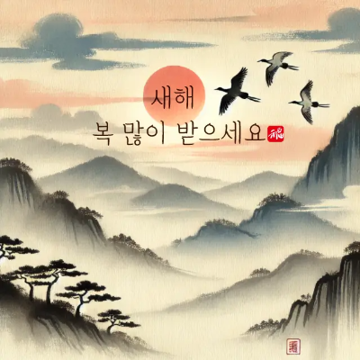 설날-문구-산-소나무-새