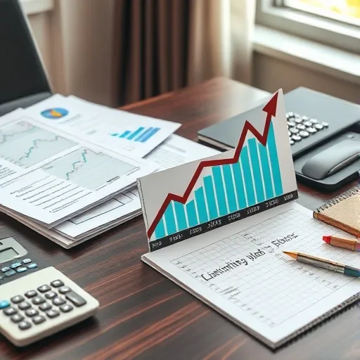 재무제표나 투자설명서와 같은 문서들, 그리고 주가 상승을 암시하는 그래픽이 함께 배치된 책상 풍경입니다. 노타의 성장 잠재력과 투자 가치를 분석하는 진지한 분위기를 연출합니다.