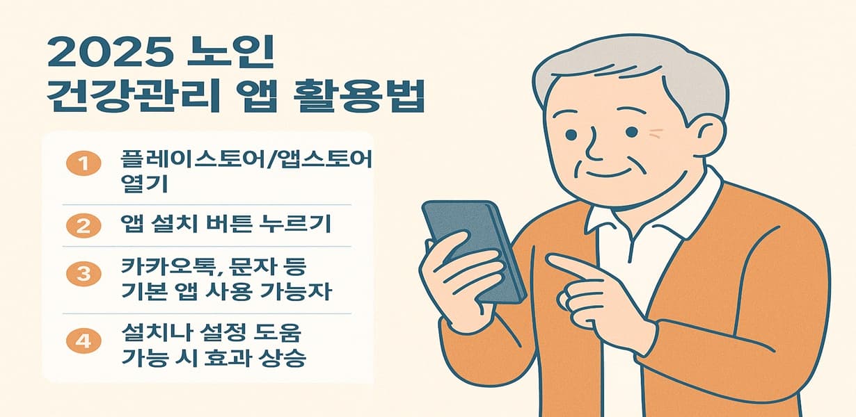 2025년 노인 건강관리 앱 사용법을 안내하는 인포그래픽. 설치 단계 4가지가 나열되어 있고, 스마트폰을 들고 있는 노인 남성 일러스트가 포함됨.