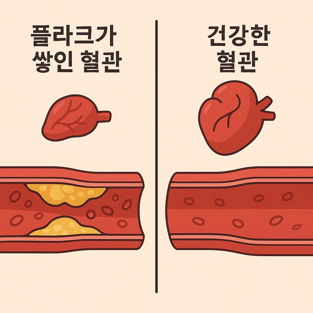 플라크가 혈관 내벽에 쌓여 붙어있는 모습과 건강하고 깨끗한 혈관의 모습 만화체 그림