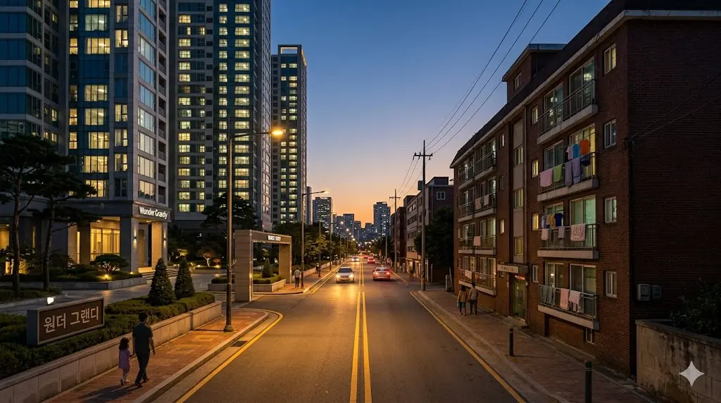 고급 아파트와 낡은 다세대 빌라가 길 하나를 사이에 두고 대비되는 모습을 그린 소설 순례 주택의 상징적인 배경 일러스트