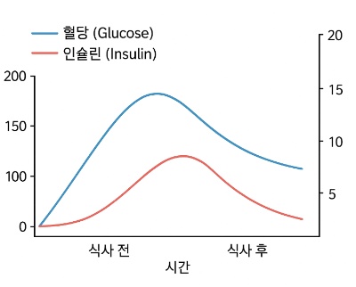 혈당 스파이크와 인슐린 분비 보여주는 그래프