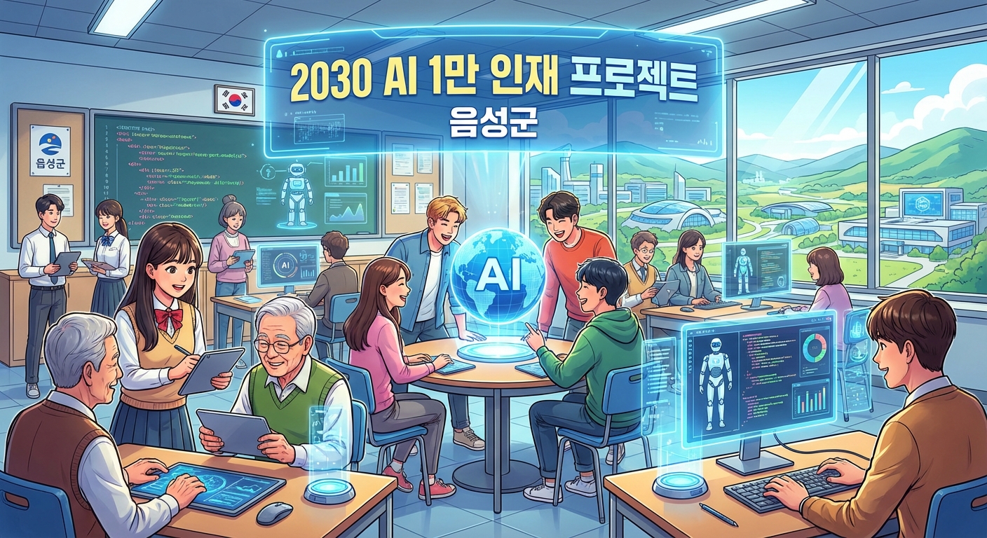 음성군 2030 AI 1만 인재 프로젝트를 상징하는, 다양한 연령대의 주민들이 AI 교육에 몰입하는 모습