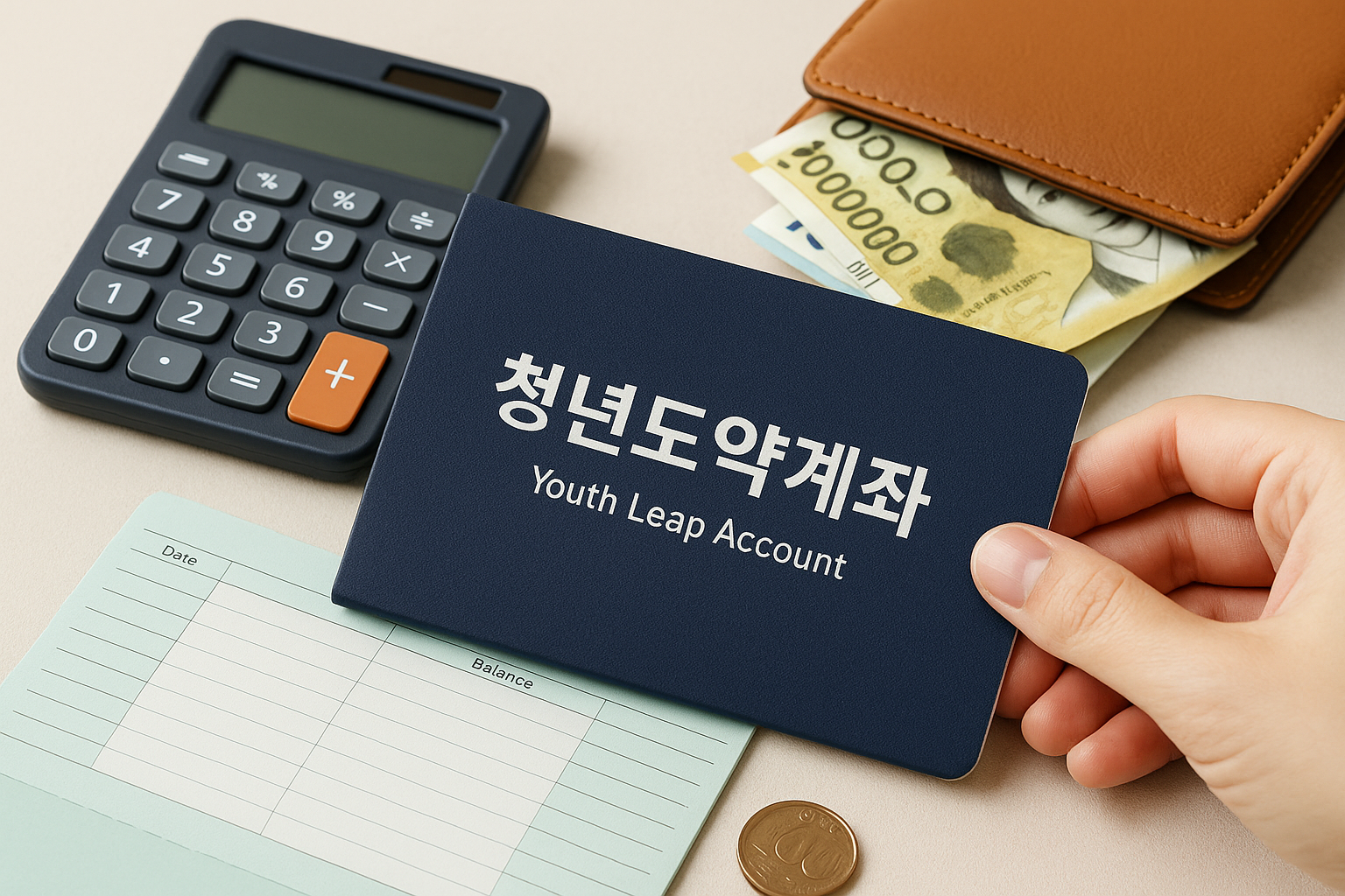 청년도약계좌 통장을 손에 든 청년의 손과 계산기, 현금, 은행 통장 등이 놓인 실사 이미지 – 자산 형성 정책을 상징하는 금융 소품 구성