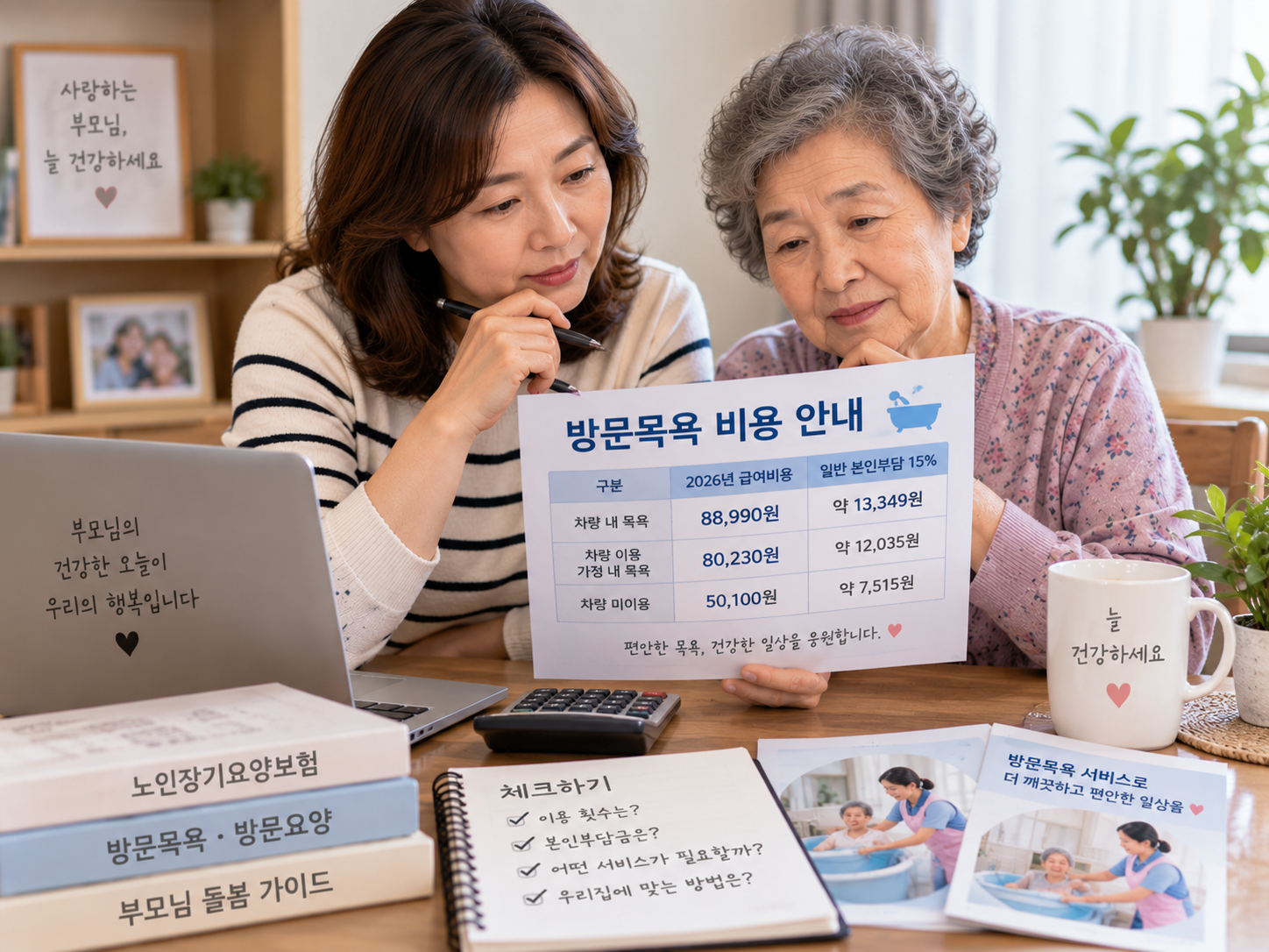 방문목욕 비용과 본인부담금을 계산하는 가족의 모습