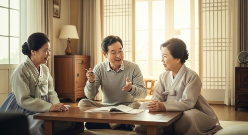 50대 자녀가 부모에게 설명해주는 장면, 편안한 표정