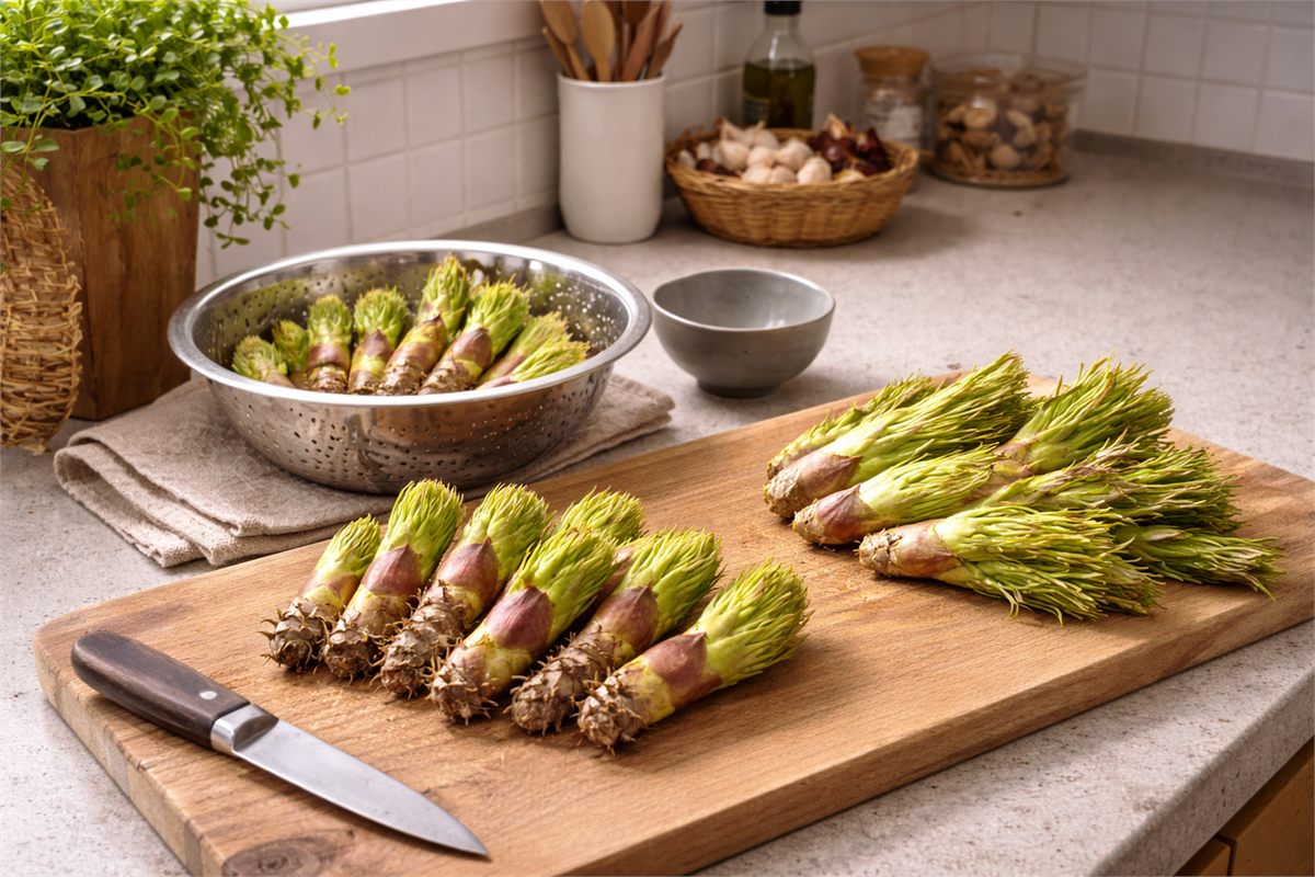 신선한 두릅과 자란 두릅을 나눠 놓은 주방 장면 