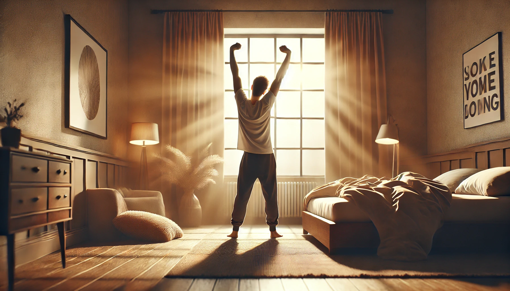 한 남자가 기상 후 창문을 보면서 기지개를 하고 있는 모습