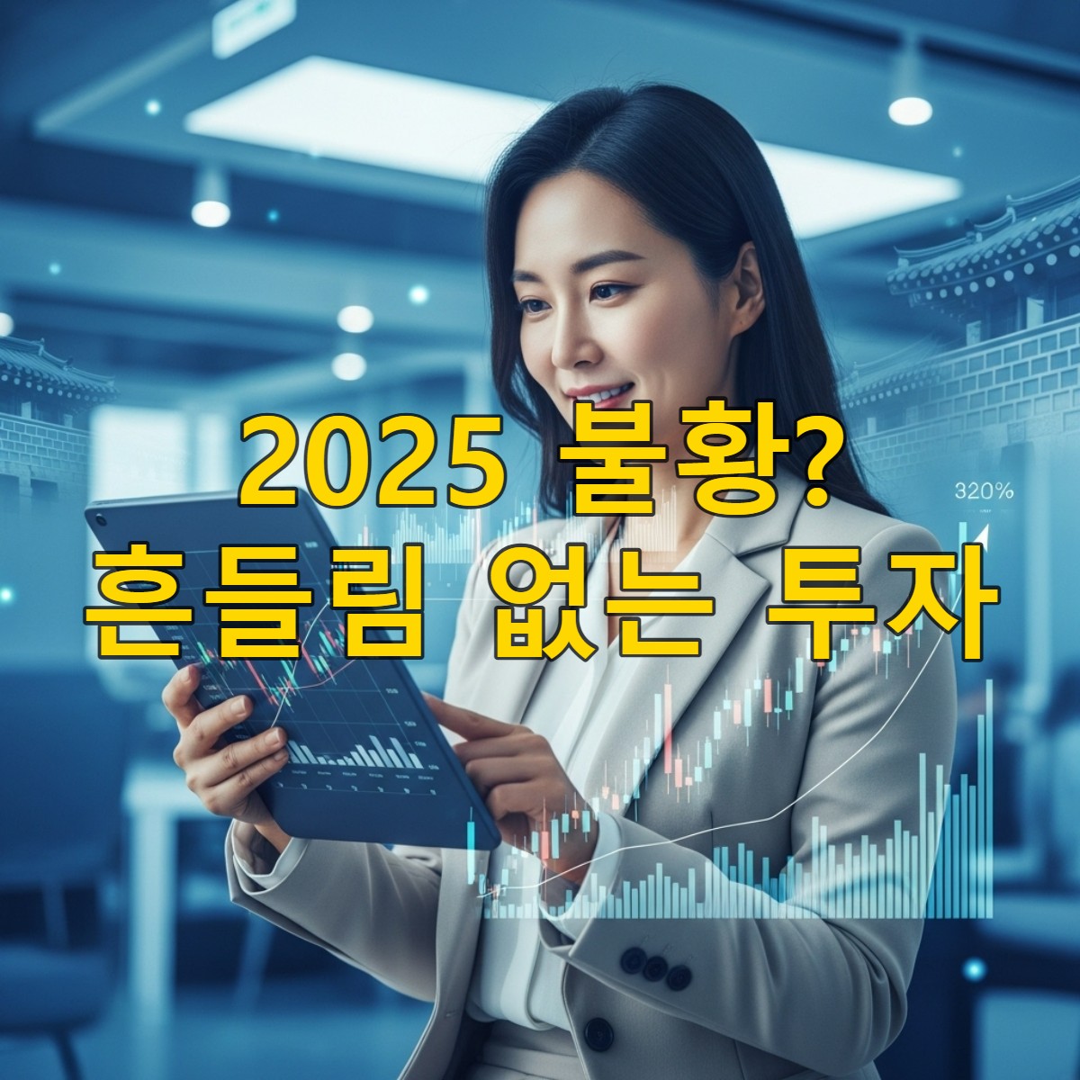 한국인 여성이 태블릿으로 주식 차트를 보며 2025년 경기 침체기에도 안정적인 필수소비재/서비스 틈새 투자 전략을 분석하는 모습