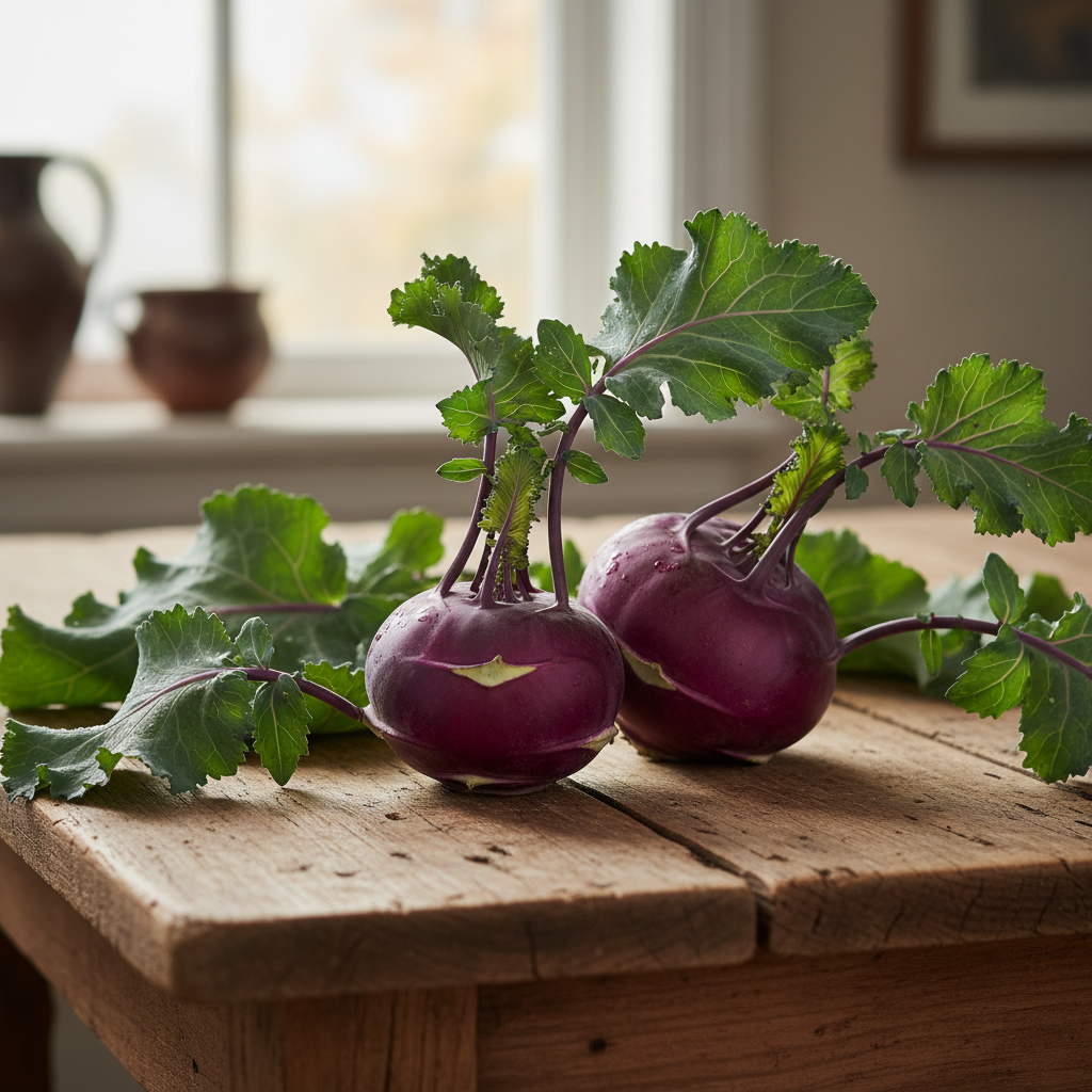 싱싱한 콜라비 이미지: 초록 잎이 달린 보라색 콜라비