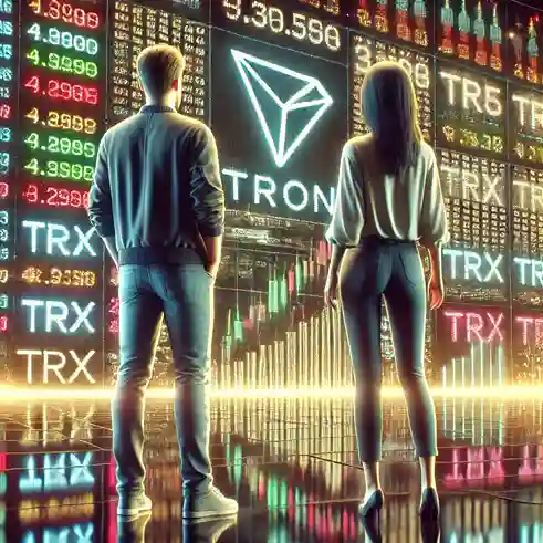 트론의 전망을 보고 있는 남성과 여성의 뒷모습