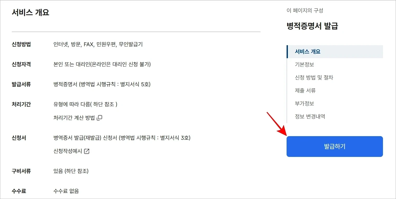 서비스 개요를 확인하고 '발급하기'를 선택