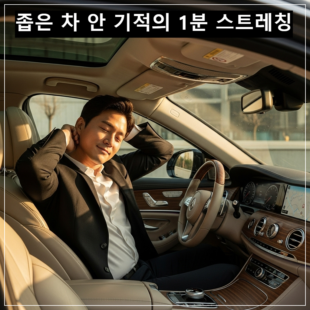 자동차 운전석에 앉은 한국인 남성 운전자가 신호 대기 중에 양어깨를 펴고 목 스트레칭을 하며 환하게 미소 짓고 있는 모습. 차 내부로 따뜻한 햇살이 들어오고 있으며 평온하고 건강한 분위기가 느껴지는 고화질 사진