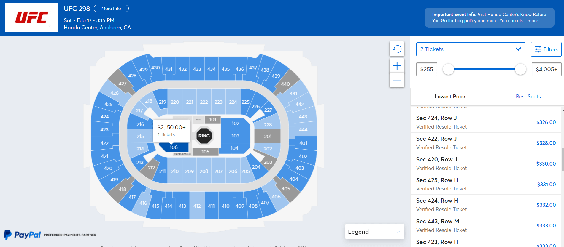 UFC 티켓 예매 화면