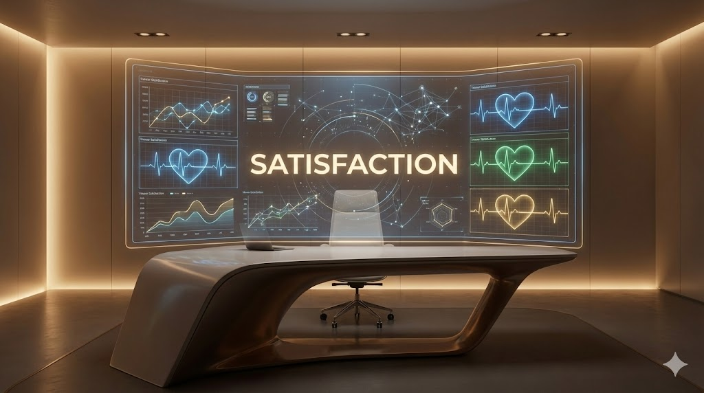 유튜브 시청자 설문조사와 긍정적인 만족도 점수가 반영된 알고리즘 평가 대시보드 그래픽 이미지