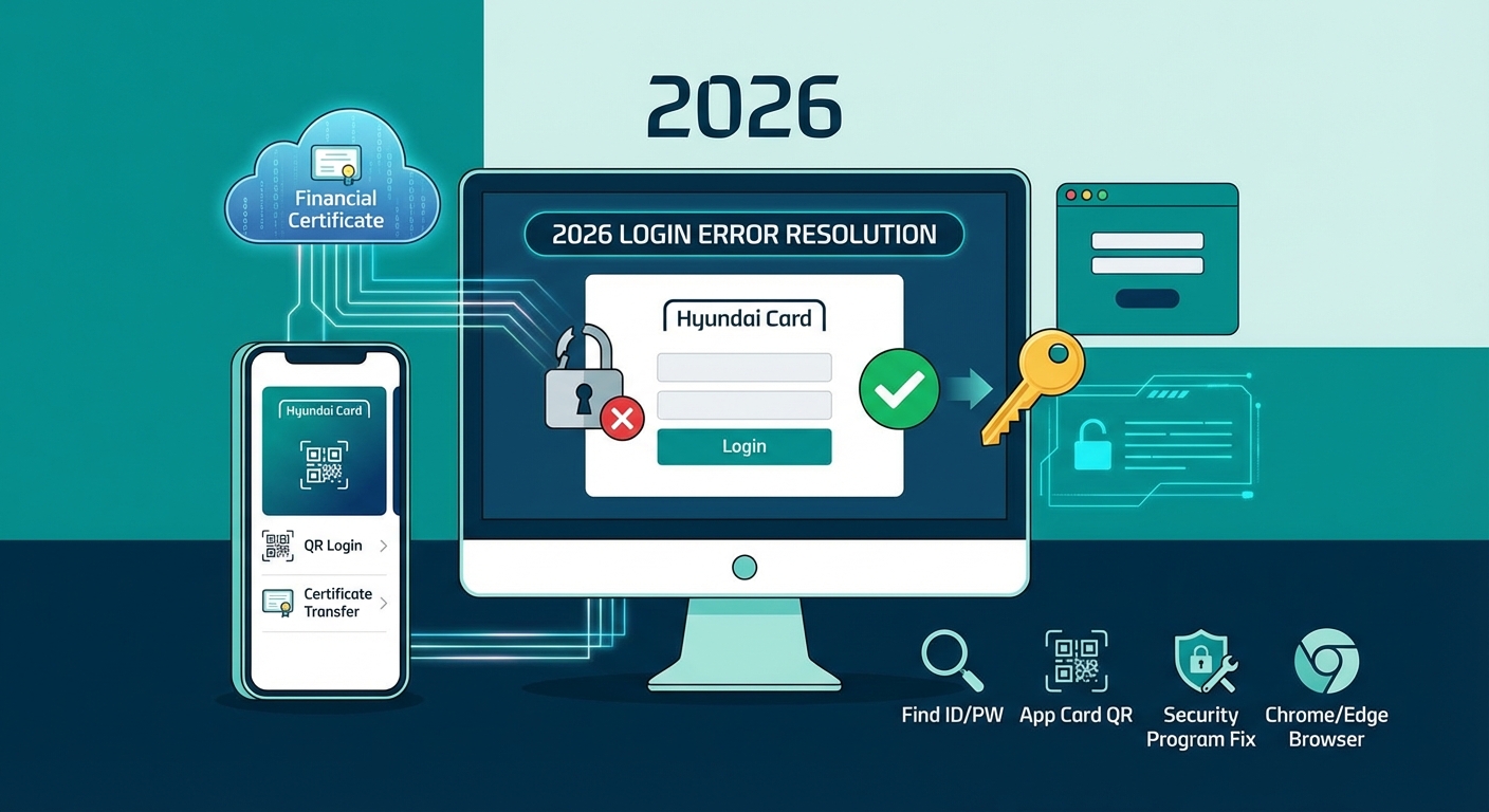 2026년 현대카드 홈페이지 로그인 오류 해결 가이드 인포그래픽. PC 화면의 로그인 문제 해결 과정(잠금 해제, 열쇠)과 스마트폰 앱을 통한 QR 로그인, 금융인증서 연동, 보안 프로그램 수정 등 다양한 해결 방법을 보여주는 일러스트레이션입니다.