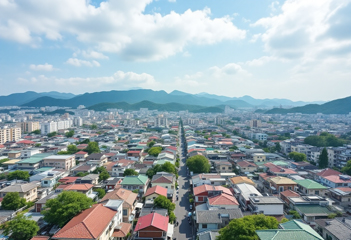 주택가 전경과 구름 낀 하늘