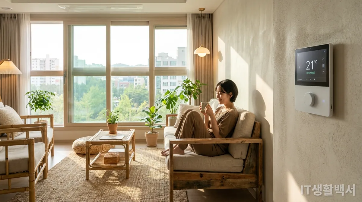 스마트 조명과 온도 조절기가 설치된 친환경 거실에서 차를 마시는 사람