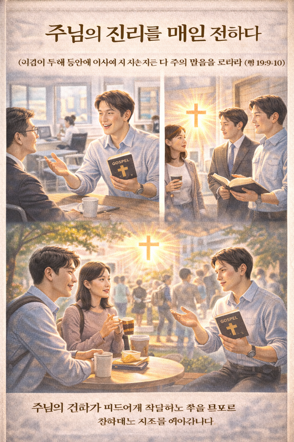 행 19:9-10 말씀을 보며, 바울이 매일 주님의 말씀을 전하여 그 지역이 복음화된 장면을 보며, 나도 내가 다니는 직장이나 생활하는 모든 곳에서 주님의 말씀을 전하는 일을 매일 지속함으로 주님의 진리가 모두에게 전달되는 것을 목표로 전하려는 시도를 하는 모습입니다.