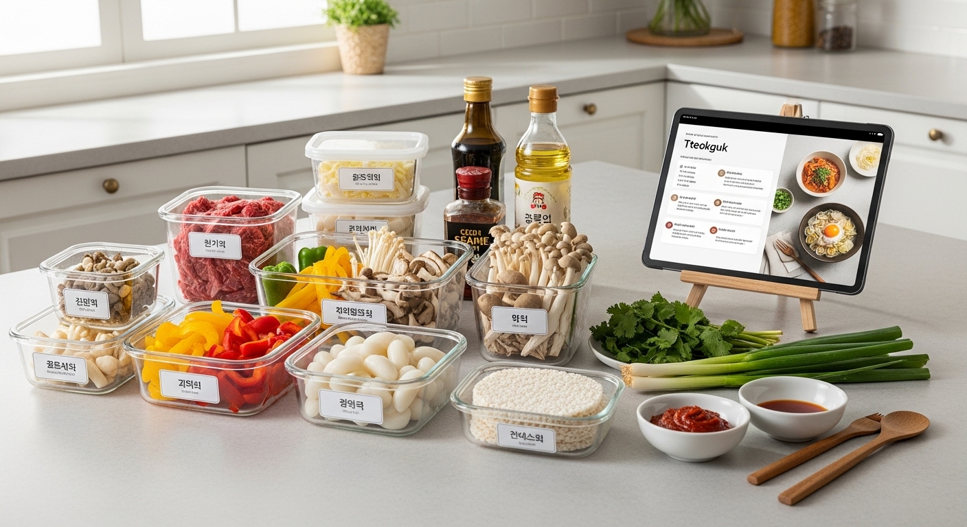 효율적인 설날 차례상 음식 준비를 위한 깔끔하게 정리된 주방 식재료