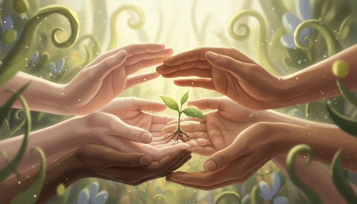 다양한 인종과 연령대의 손들이 새싹을 소중히 잡고 있는 모습, 지구 가족의 날의 희망과 성장을 상징.