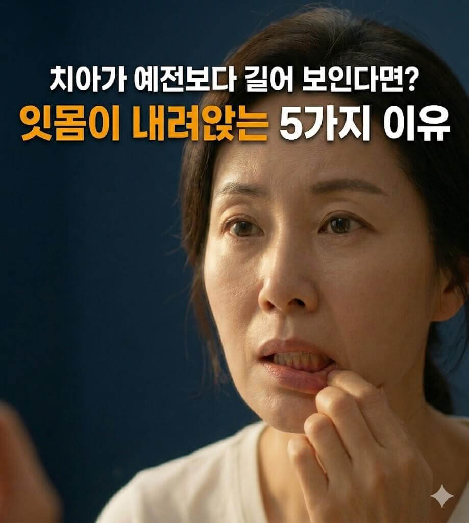 치은퇴축을 걱정스럽게 바라보는 중년 여성 섬네일