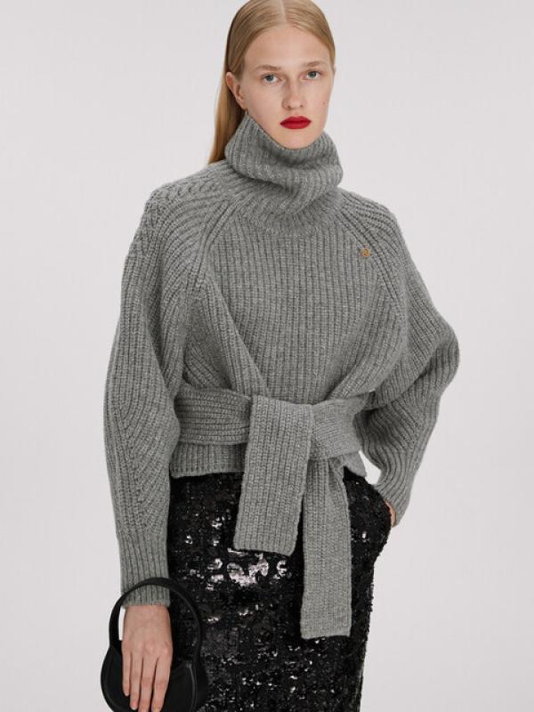 렉토 RECTO CHUNKY WOOL ROLL NECK CROPPED BELTED SWEATER 니트