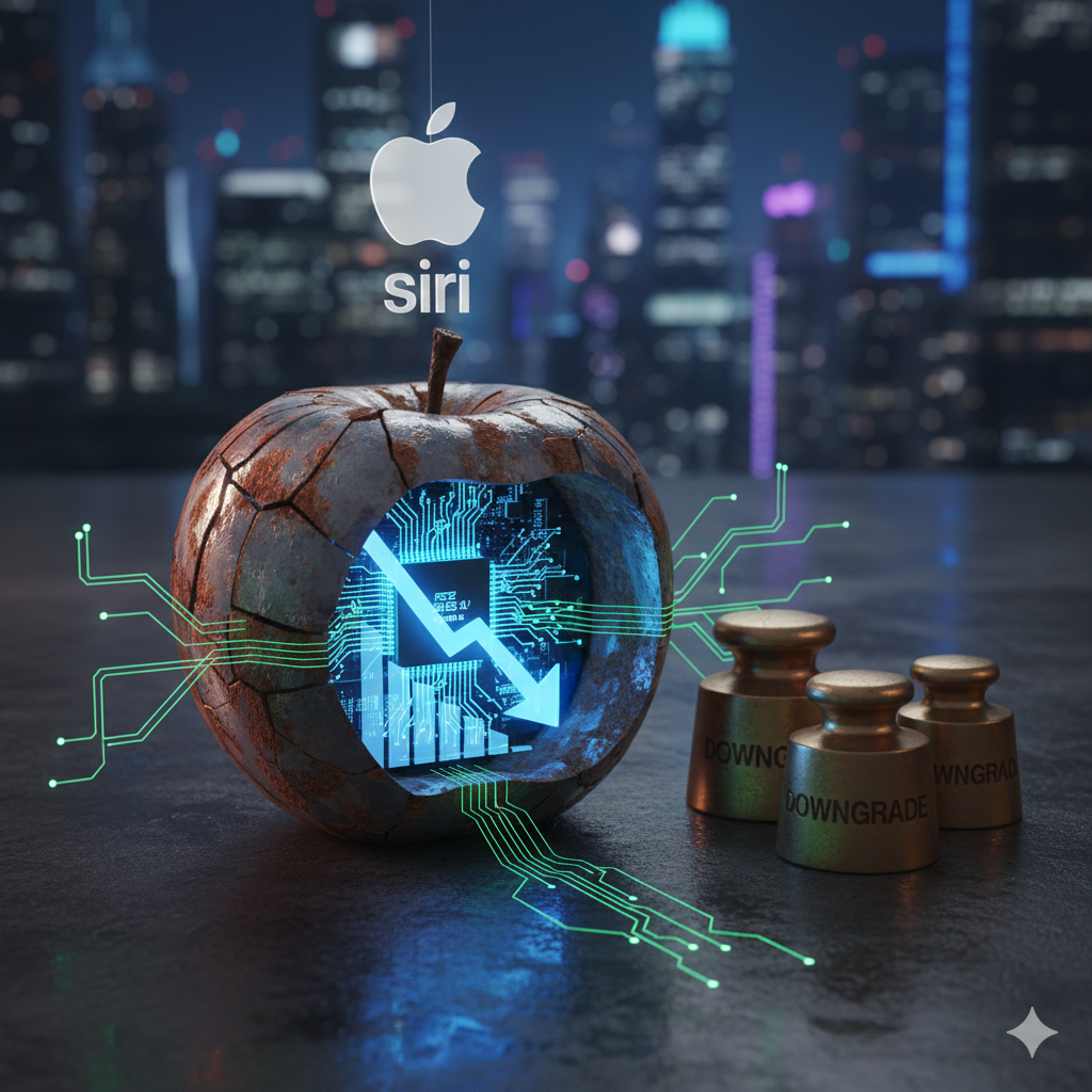 어두운 도시 야경을 배경으로 표면이 거칠게 부식되고 균열이 간 금속 재질의 사과 조형물이 중앙에 놓여 있어요. 사과의 깨진 틈 사이로 푸른빛의 정교한 회로 기판과 칩셋이 들여다보이며, 그 위에는 아래를 향해 꺾인 커다란 하늘색 하락 화살표가 선명하게 빛나고 있어요. 사과 조형물 상단에는 애플 로고와 siri 텍스트가 공중에 떠 있고, 오른쪽 바닥에는 DOWNGRADE라는 문구가 각인된 묵직한 황동 무게추 세 개가 나란히 놓여 있어 위기감을 강조해요.