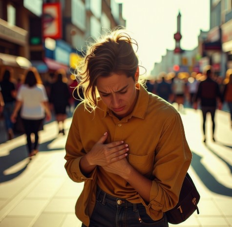 길을 걷던 한 사람이 아픈 표정으로 가슴에 손을 얹고 있습니다.