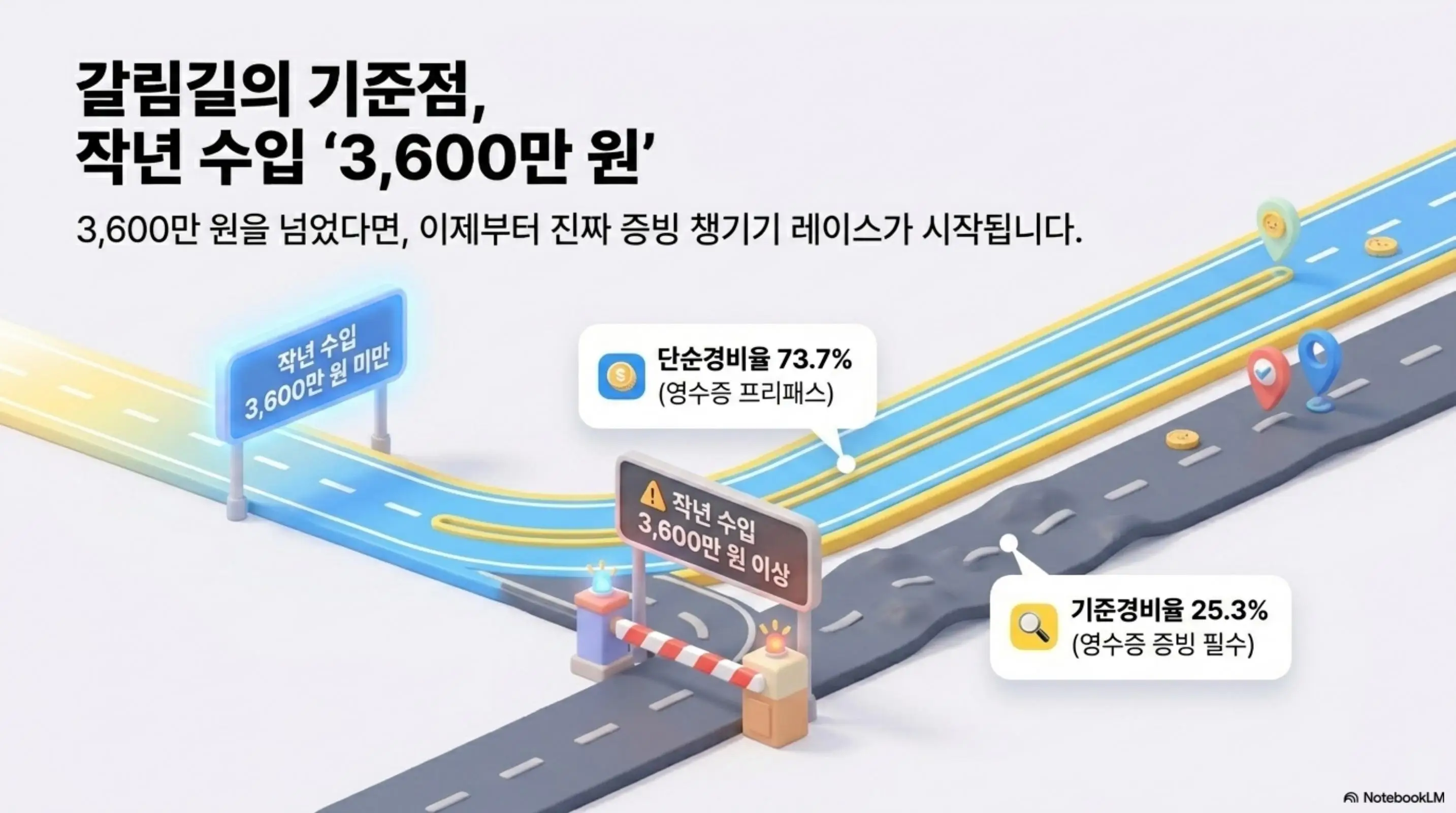 대리기사 종합소득세 업종코드: 대리기사의 직전연도 수입 3600만 원을 기준으로 단순경비율과 기준경비율이 갈리는 구조를 고속도로 갈림길 형태로 보여주는 인포그래픽. 3600만 원 미만은 단순경비율 73.7%(영수증 프리패스) 차선으로 3600만 원 이상은 기준경비율 25.3%(영수증 증빙 필수) 차선으로 안내하는 이미지