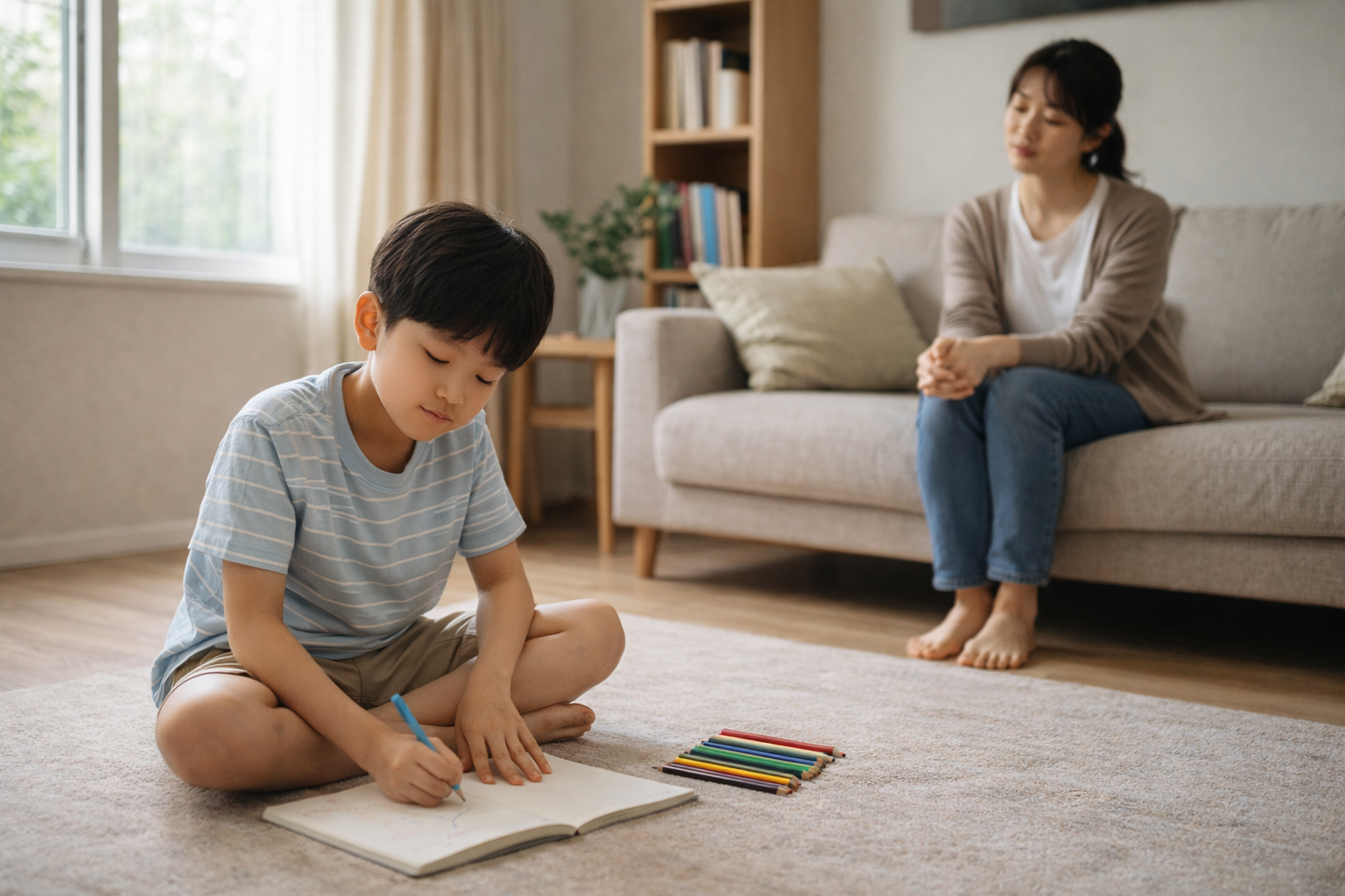 집에서 차분한 일상을 보내는 아이와 곁에 머무는 부모의 모습