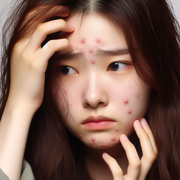 한 소녀의 얼굴에 여드름이 많이 나있는 그림