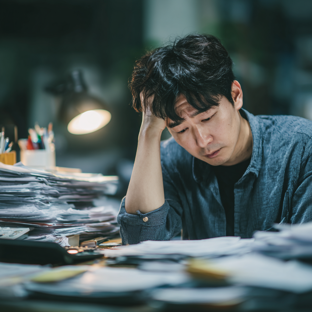 세금 고지서를 보고 머리를 싸매고 있는 직장인의 모습