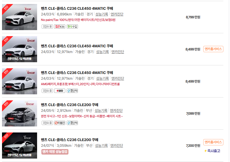 벤츠 CLE 중고차 가격 시세표 24년10월