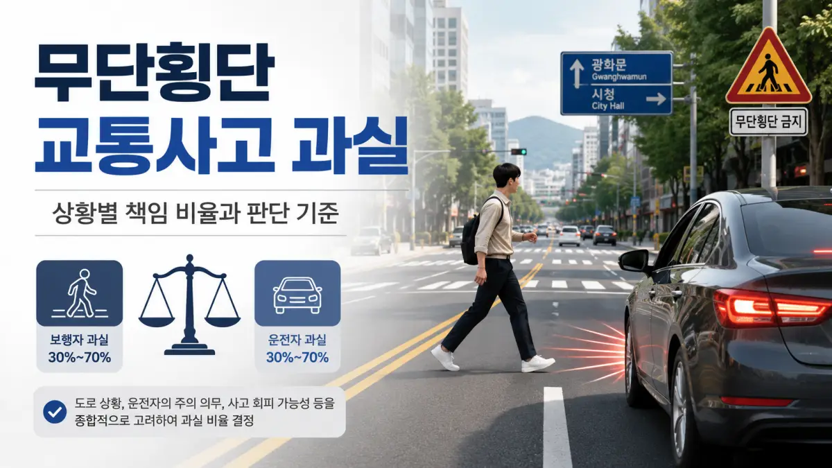무단횡단 교통사고 과실비율과 보행자 운전자 책임 판단 기준 인포그래픽