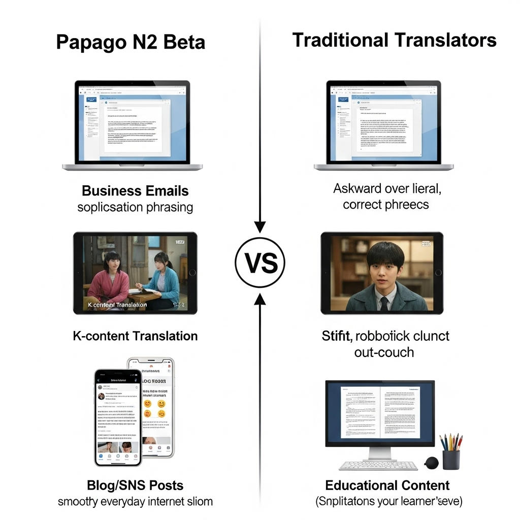 Papago N2 Beta는 특히 다음과 같은 분야에서
기존 번역기 대비 뛰어난 성능
