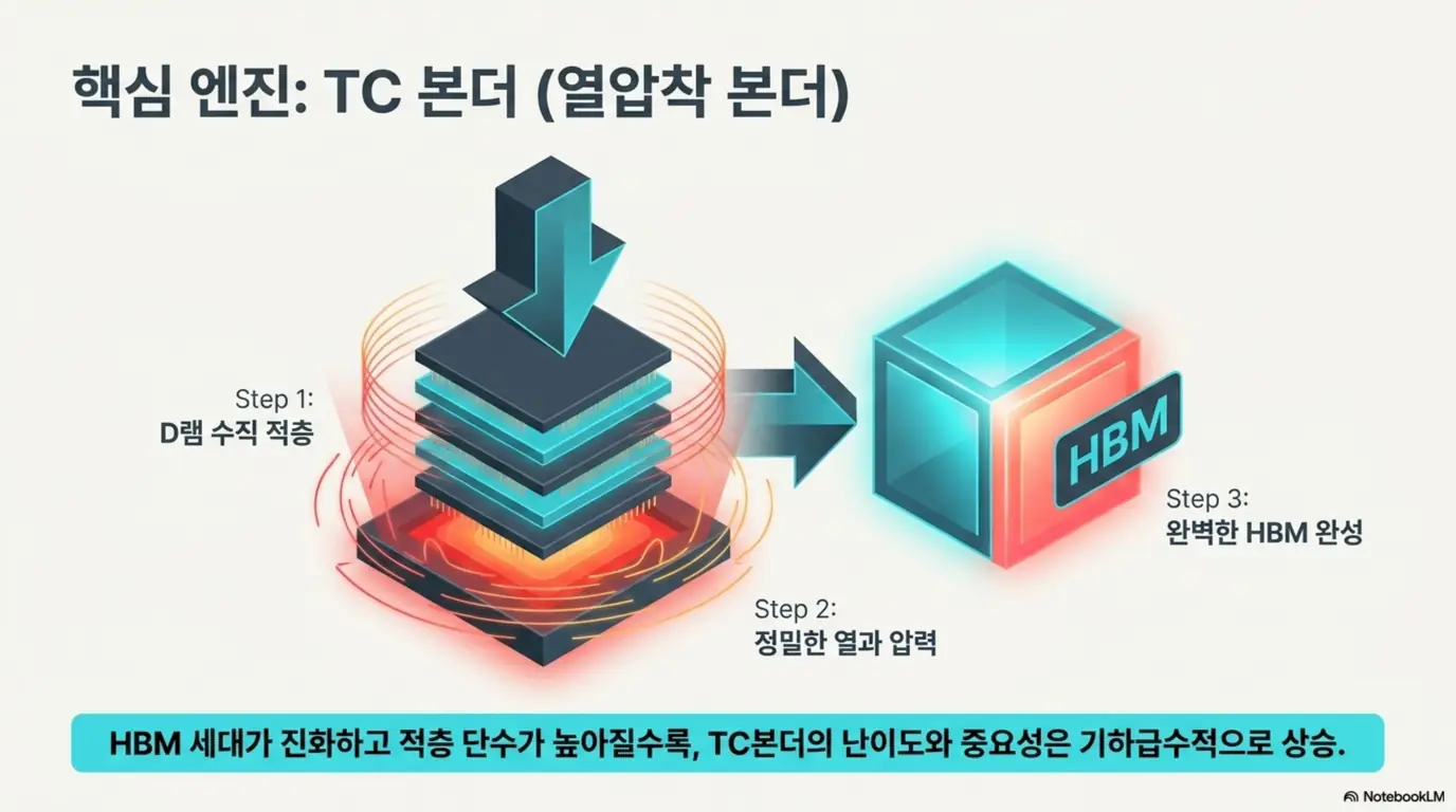한미반도체 주가 전망: 한미반도체의 핵심 장비인 TC본더(열압착본더)가 D램을 수직 적층하고 정밀한 열과 압력으로 HBM을 완성하는 3단계 원리를 설명한 이미지. HBM 세대가 진화할수록 TC본더 중요성이 커지는 구조를 시각적으로 전달하며, 한미반도체 주가 전망의 사업 구조를 설명함