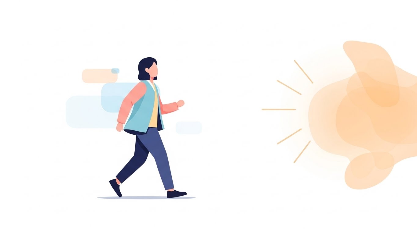 밝은 방향을 향해 걸어가는 성인의 뒷모습, 부업은 정보만 아는 것이 아니라 행동으로 옮기는 것이 중요합니다.