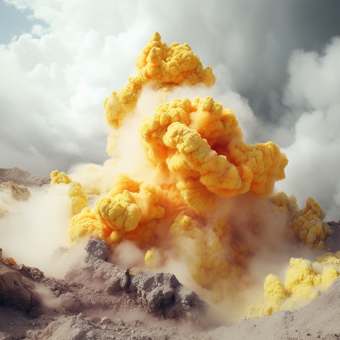 메틸설포닐메탄(MSM)에 함유된 황의 이해를 돕기 위해 분화구에서 유황이 피어 오르는 것을 그린 그림