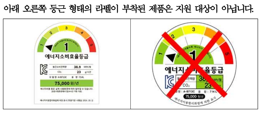 에너지소비효율등급 라벨 차이에 따른 지원 대상 구분