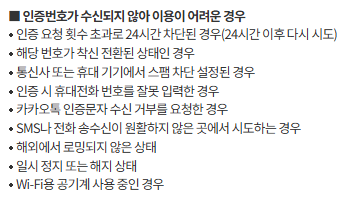 카카오톡 인증문자 안오는 경우